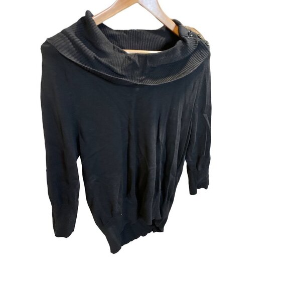 Leo & Nicole Black Buttoned Cowl Neck Off Shoulder 3/4 Sleeve Sweater Sz LP - Picture 4 of 9
